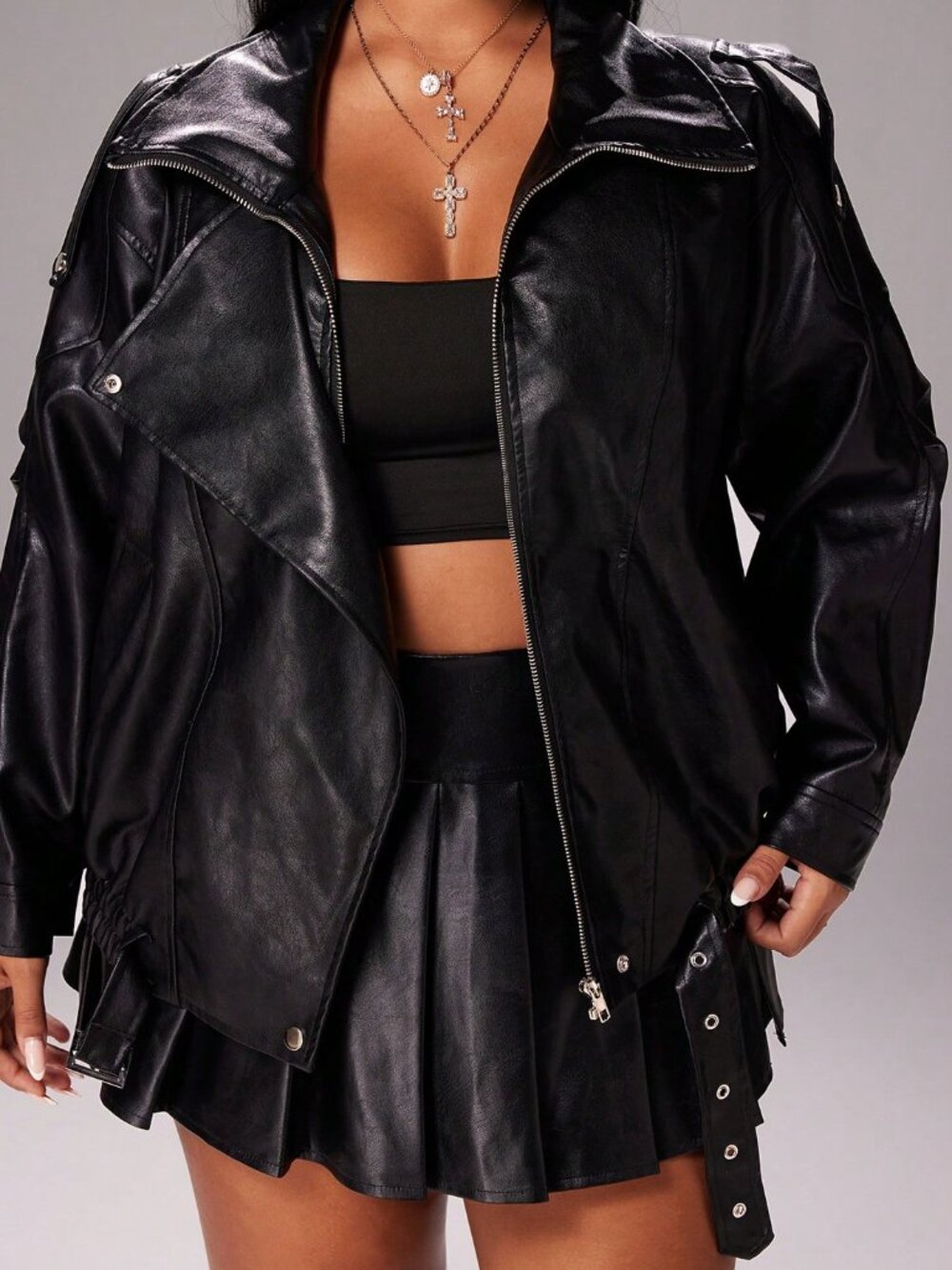 Black Casual Women's Plus Size Street Style Loose Fit Faux Leather Jacket